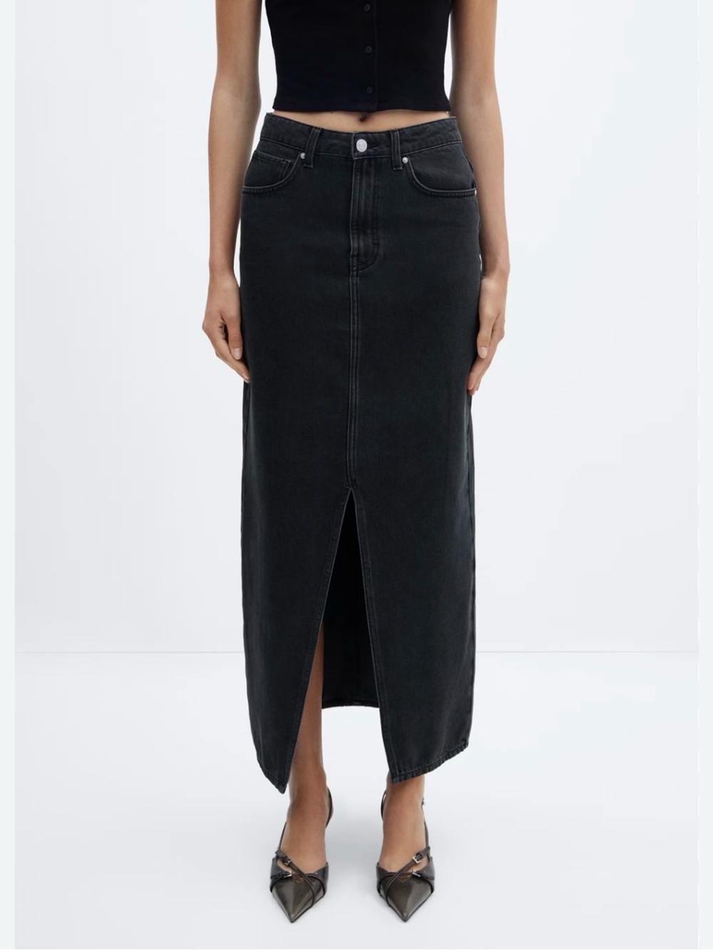 Mango Black Denim Maxi Skirt with Front Slit